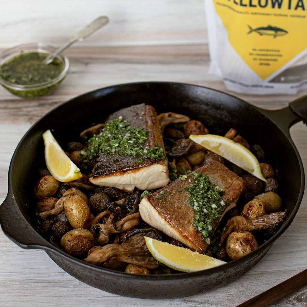 Roasted Yellowtail with Potatoes and Mixed Mushrooms