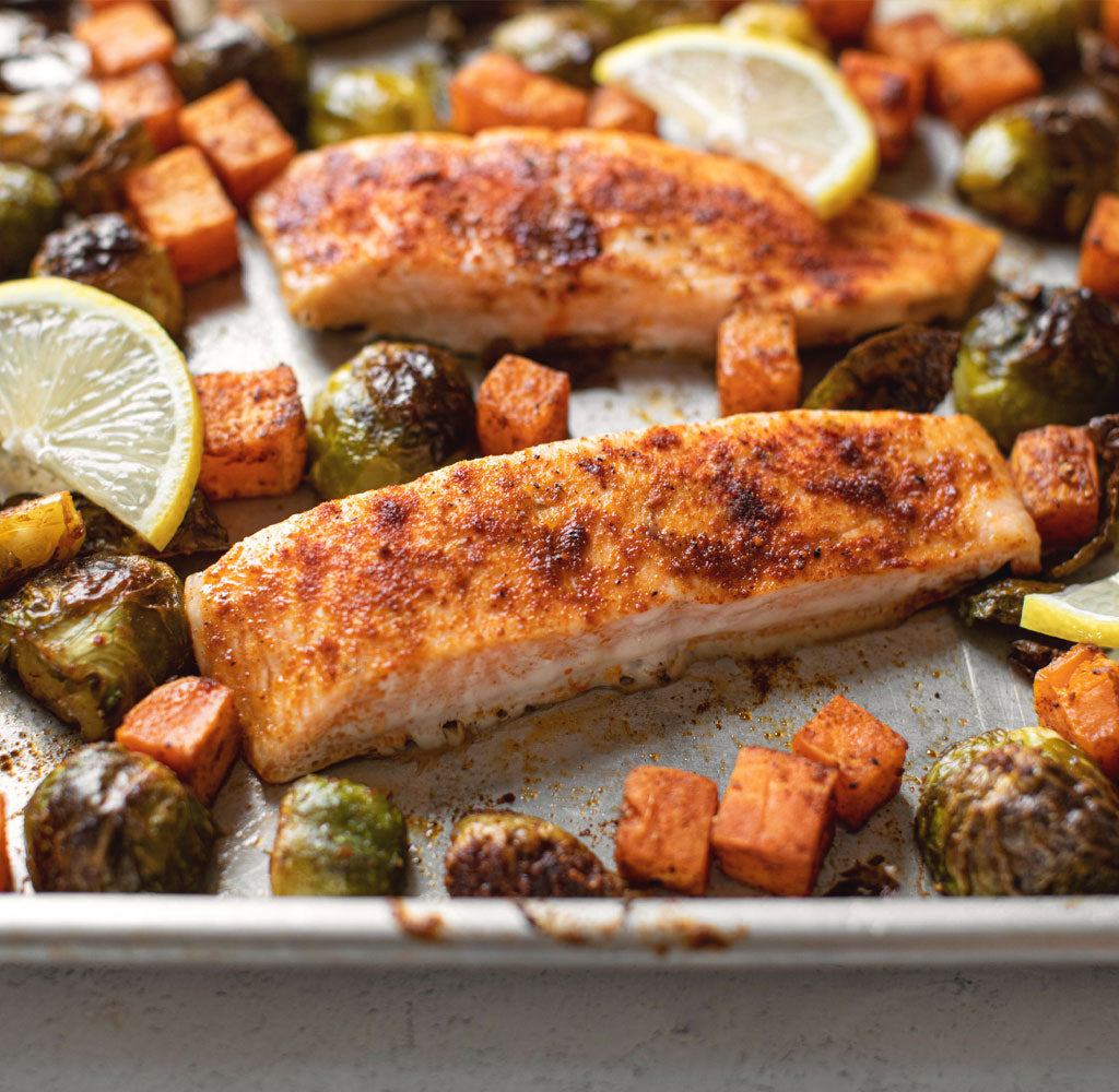 Sheet Pan Salmon with Brussels & Sweet Potatoes