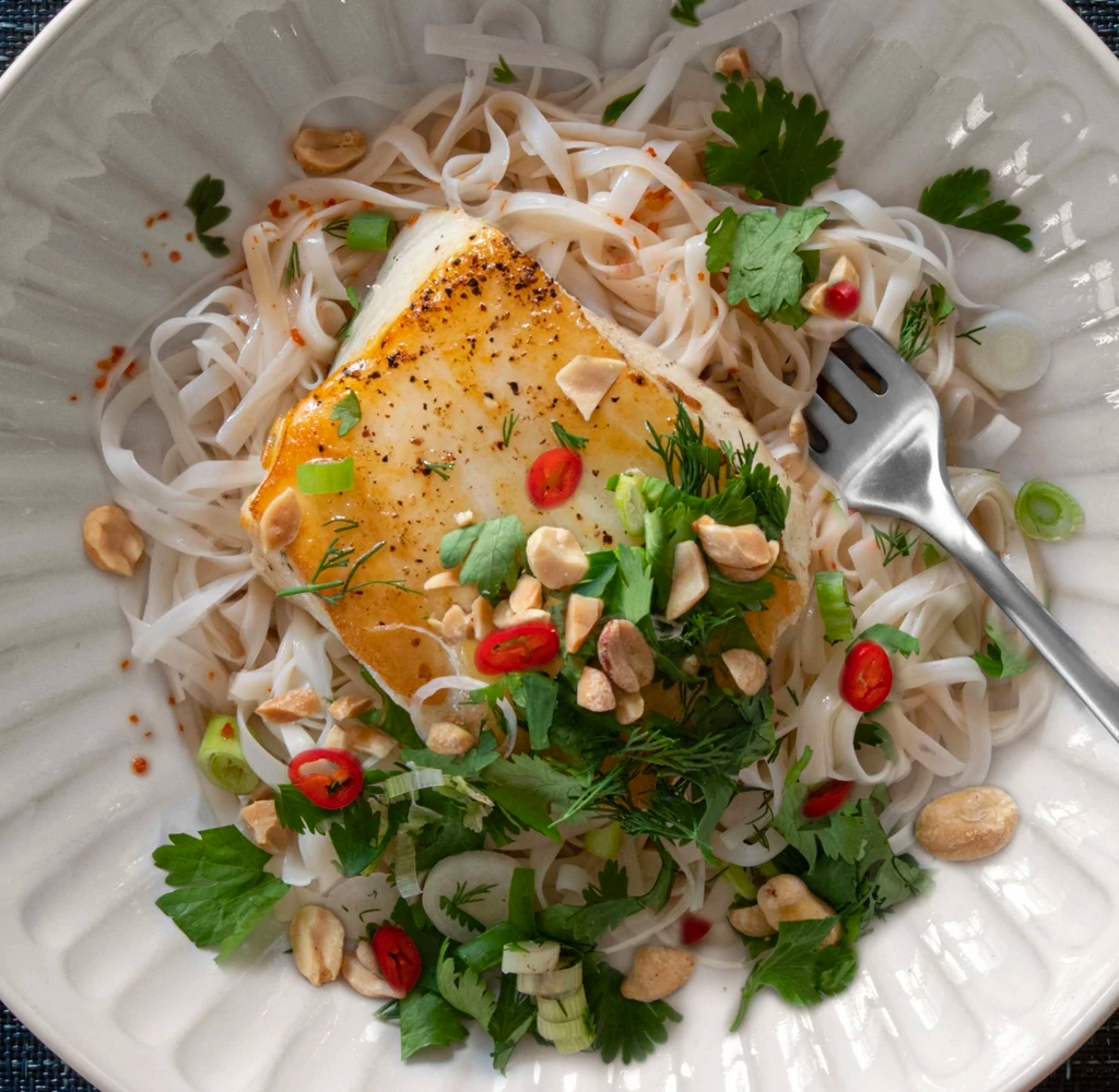 Chilean Seabass with Rice Noodles & Peanuts