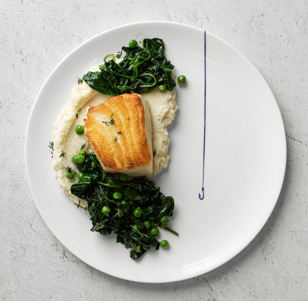 Seabass with Mashed Cauliflower Spinach & Peas