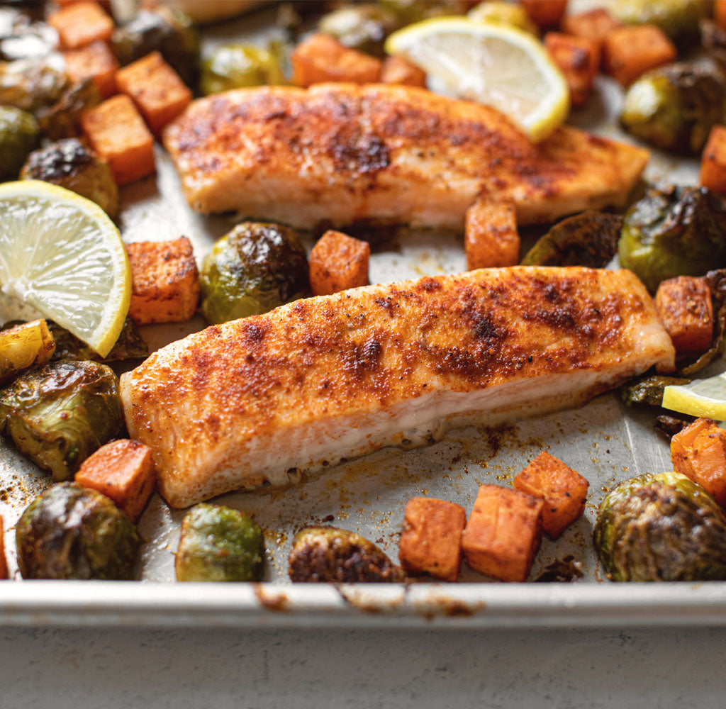 Sheet Pan Salmon with Brussels & Sweet Potatoes